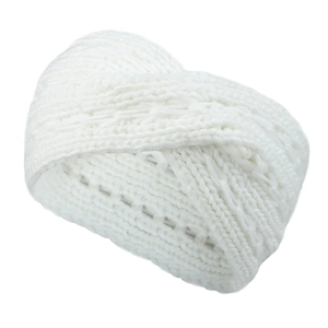 Close-up of white knitted headband featuring a cross-twist design and chunky yarn texture