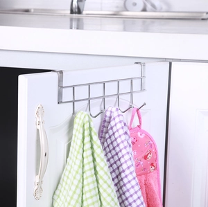 Detail of 5-hook over-cabinet door organizer showing colorful towels hanging on hooks