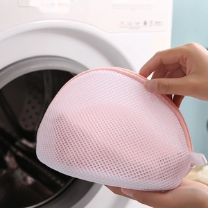 Semicircle mesh laundry bag for delicate bras with pink zipper and protective net