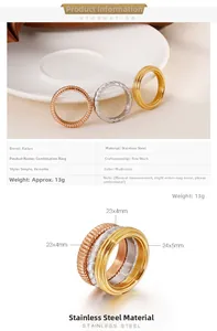 Detailed view of three-color stacked stainless steel rings with textured and smooth finishes