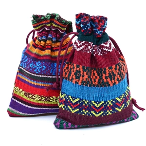 Set of 2 bohemian ethnic style drawstring cotton pouches with colorful geometric stripes