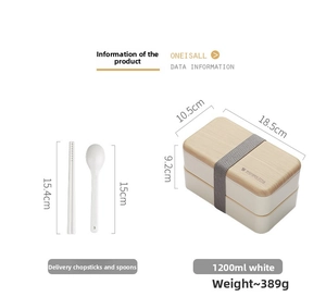 Detailed view of 1200ml double-layer bento box with wood lid, strap, and cutlery