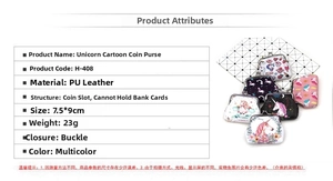 Detailed size view of unicorn coin purse showing 7.5x9cm PU leather dimensions with clasp