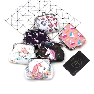 Detailed set of six cartoon unicorn coin purses featuring metal clasp and rainbow prints