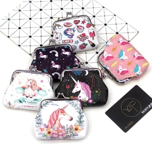 Cartoon unicorn print coin purse set with vintage metal clasp and colorful patterns
