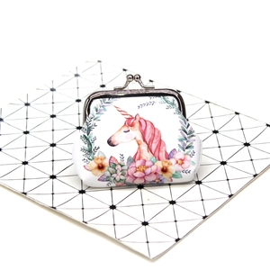 Detail of unicorn floral print coin purse with vintage silver kiss-lock metal frame