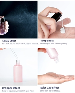 Detail of pink frosted glass bottles with spray, pump, dropper, and screw cap options