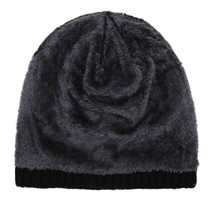 Winter thermal knit beanie featuring thick fleece lining and black ribbed texture