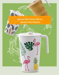 Detail view of bamboo fiber water pitcher with lid featuring tropical flamingo print