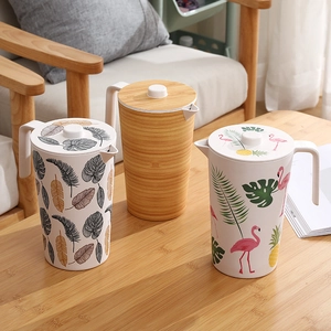 Large Capacity Water Pitcher With Lid Bamboo Fiber Eco Friendly Cold Water Kettle For Juice Milk Tropical Pattern Home Use