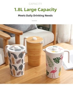 Detailed view of 1.8L eco-friendly bamboo fiber pitchers in three assorted patterns