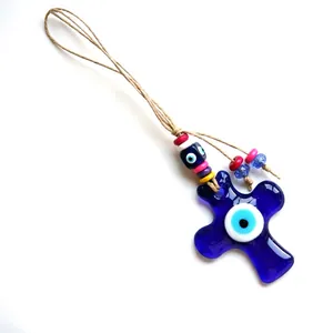 Blue glass evil eye cross ornament with colorful beads for wall hanging or home decor