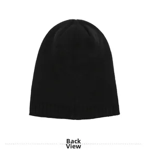 Back view of a plain black knitted beanie showing high-density thermal stitching