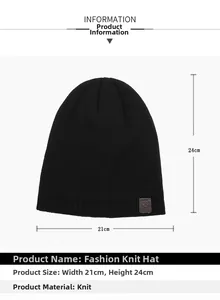Detailed size chart of the black knitted beanie showing dimensions 21cm by 24cm