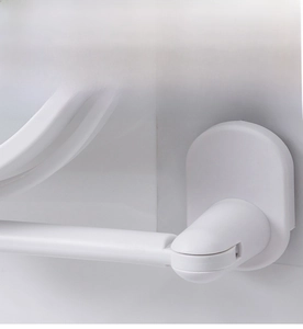 Detail view of the rotatable swivel joint on a white cat ear bathroom vanity mirror