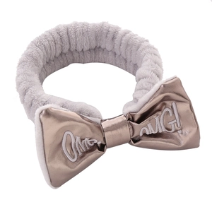 Cute gray plush headband with OMG! bow for girls makeup and face washing