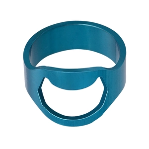 Detail view of the durable blue coated stainless steel ring bottle opener on white background