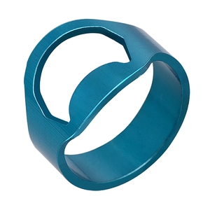 Blue brushed stainless steel bottle opener ring for men shown from an angled perspective