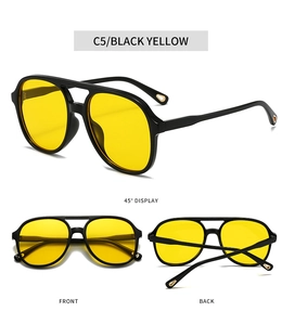 Detailed views of pilot sunglasses with double bridge frames and yellow lenses