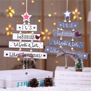Christmas Tree Hanging Ornament Wood Printed Letter Sign With Gingham Bow And Bells For Holiday Wall Door Decor