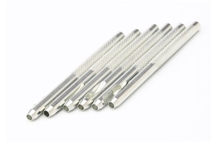 Set of six silver metal belt hole punch tools with knurled anti-slip handles