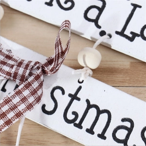 Christmas wooden tree hanging decor with white plaques and brown plaid ribbon bow