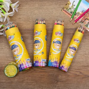 Creative colored pencil set in yellow barrels with cute bear designs on wooden table