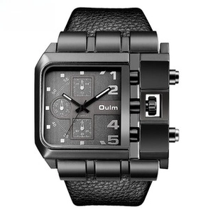 Macro view of Oulm dual time watch featuring industrial black square dial and crown guard