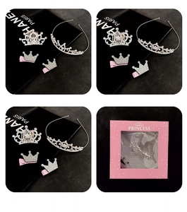 Detailed 4-piece silver crown hair accessory set with sparkling rhinestones for girls