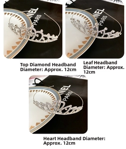 Detailed views of three rhinestone tiara headbands with heart and leaf metal designs