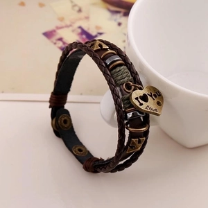 Retro multilayer leather bracelet with bronze heart pendant and Love engraving