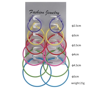 Set of 6 pairs of colorful round hoop earrings on display card with diameter sizes