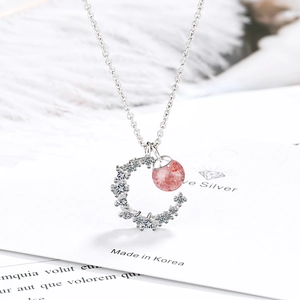 Elegant moon pendant necklace with pink strawberry quartz and white zircon in silver finish
