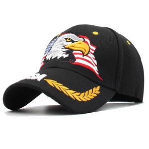 Black baseball cap featuring eagle and USA flag embroidery with golden wheat ears