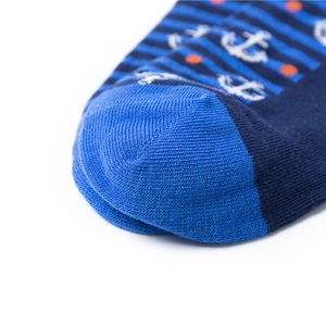Detailed close-up of striped cotton socks showing precise flat-seam toe and knit texture
