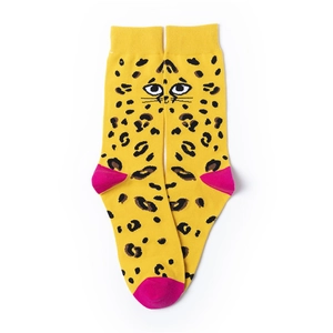 Detail of yellow leopard print mid-calf socks with pink toes and cute cat patterns