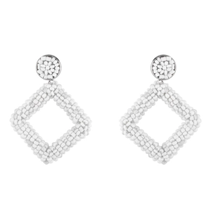 Detailed close-up of handmade white seed bead geometric rhombus drop earrings for women
