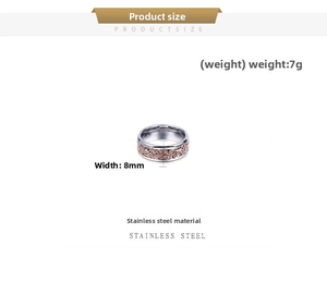 Detail of 8mm stainless steel ring with rose gold dragon inlay, weight and width specs