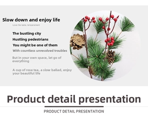 Close-up of artificial pine needles, natural pine cones, and red berries for Christmas decor
