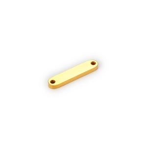 Detailed view of a golden rectangular stainless steel connector with dual holes