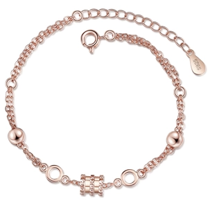 Rose gold S925 sterling silver beaded bracelet featuring a triple ring cylinder charm