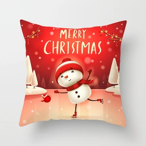 Detail of red Christmas pillowcase with skating snowman illustration and Merry Christmas text