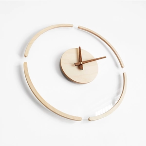 Minimalist wood and acrylic floating wall clock with creative Nordic design on white wall