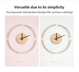 Minimalist transparent wall clock with curved wooden frame shown on pink and white backgrounds