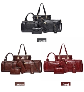 Close-up of the six-piece women's handbag set featuring glossy crocodile pattern in multiple colors