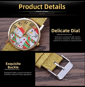 Close-up of golden sequin strap and snowman dial with Arabic numerals on quartz watch