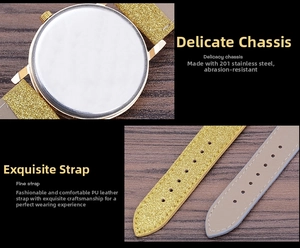 Detail view of the silver 201 stainless steel case back and glittery PU leather watch strap