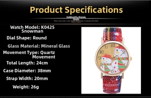 Detail of Christmas snowman watch dial with quartz movement and colorful plaid strap