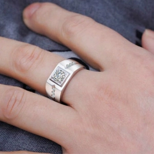 Silver plated ring for men featuring a large square diamond in a classic setting
