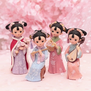 Detailed view of four retro court style girl figurines with traditional instruments